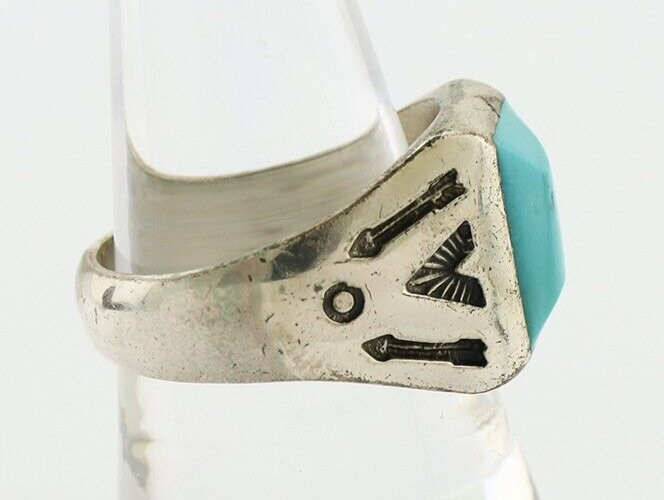 Navajo Ring 925 Silver Kingman Turquoise Signed Sun Bell Silver Company C.80's