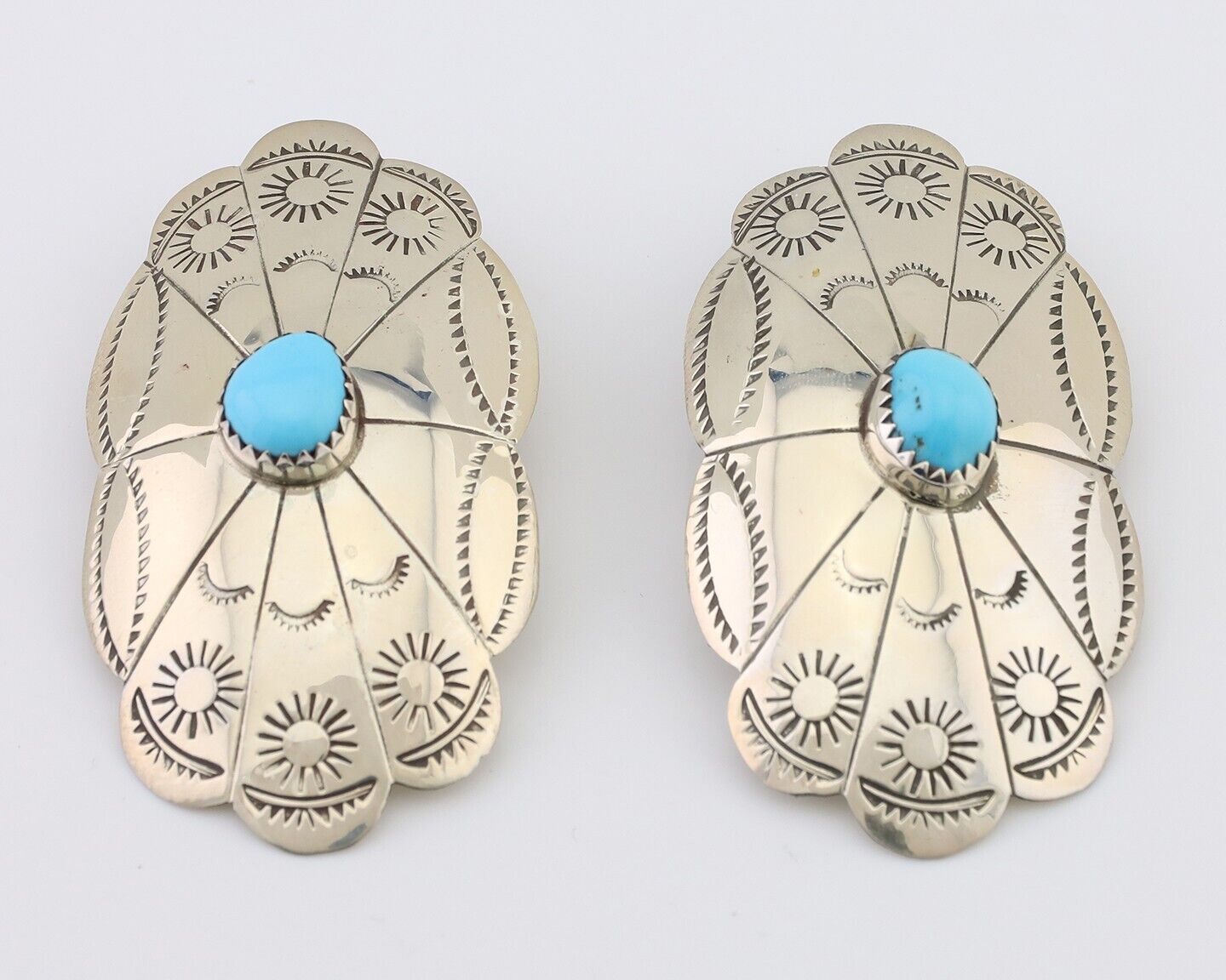 Navajo Hand Stamped Shield Earrings 925 Silver Turquoise Native Artist C.80's