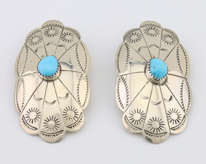 Navajo Hand Stamped Shield Earrings 925 Silver Turquoise Native Artist C.80's