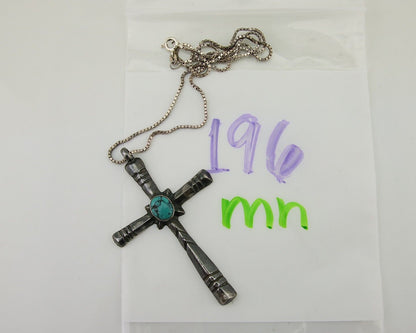Navajo Sand Cast Cross Pendant 925 Silver Turquoise Native Artist C.80s