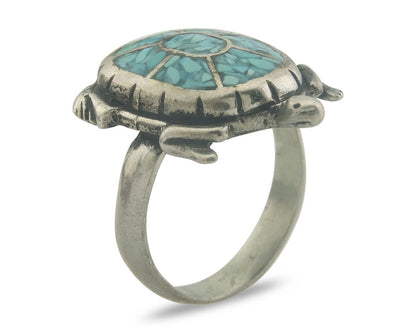 Navajo Ring 925 Silver Inlaid Turtle Turquoise C.80's Size 8.0