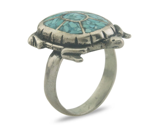 Navajo Ring 925 Silver Inlaid Turtle Turquoise C.80's Size 8.0