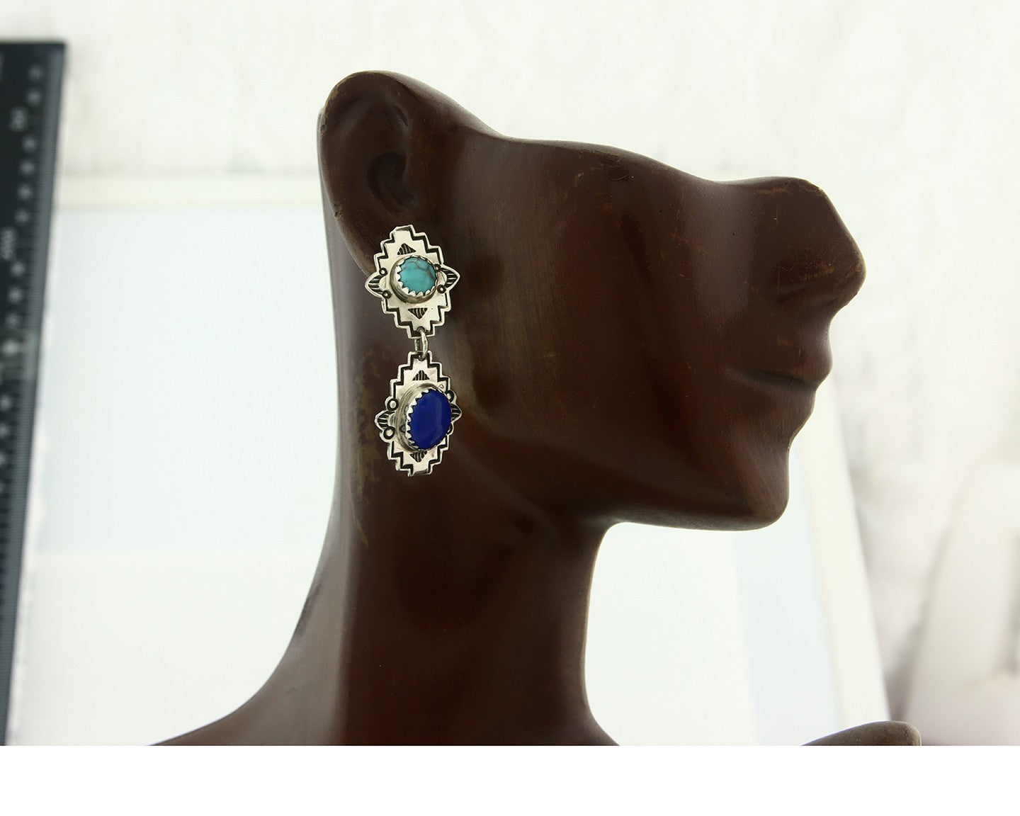 Navajo Earrings Sterling Silver Lapis & Truquoise Vintage Signed Mary Ellen