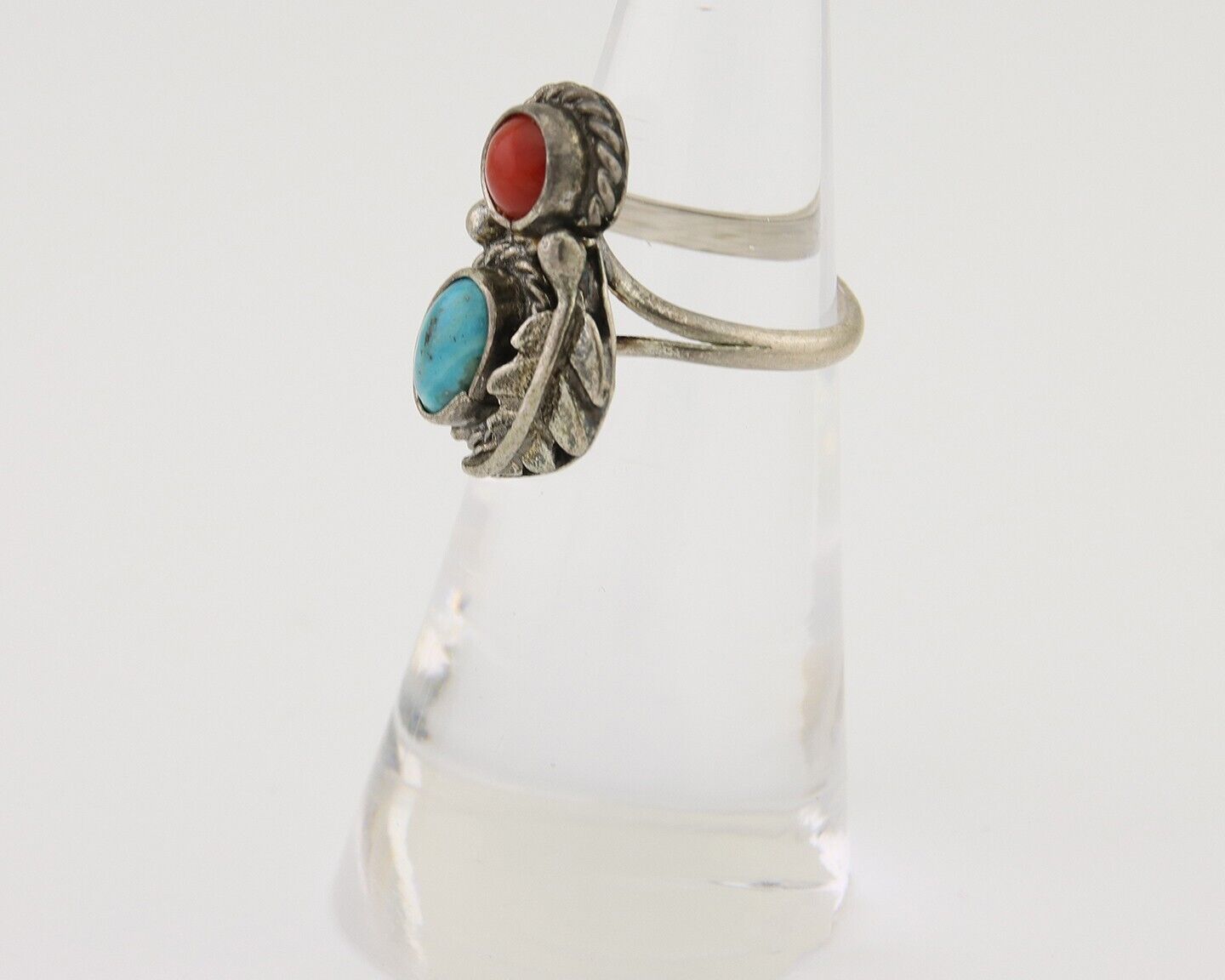 Navajo Handmade Ring 925 Silver Coral & Turquoise Native Artist C.80's