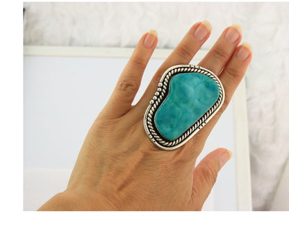 Huge Navajo Ring Sterling Silver Vintage Turquoise Signed DZ Size 7.0