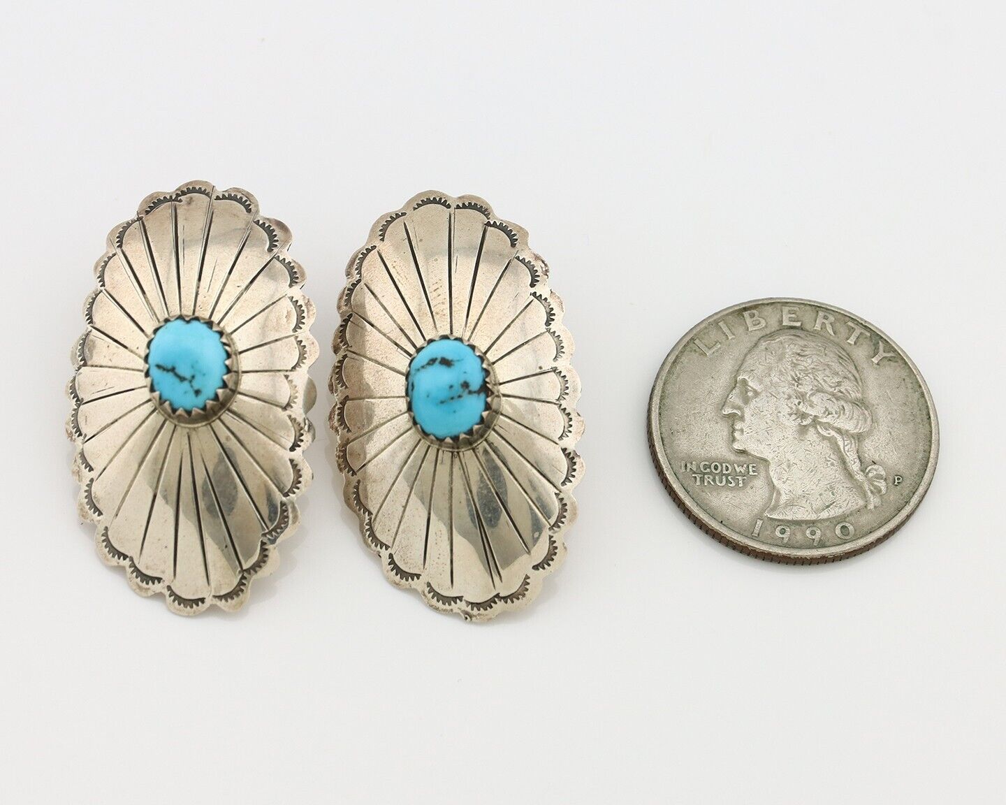 Navajo Hand Stamped Earrings 925 Silver Turquoise Native Artist C.80s