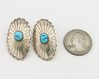 Navajo Hand Stamped Earrings 925 Silver Turquoise Native Artist C.80s