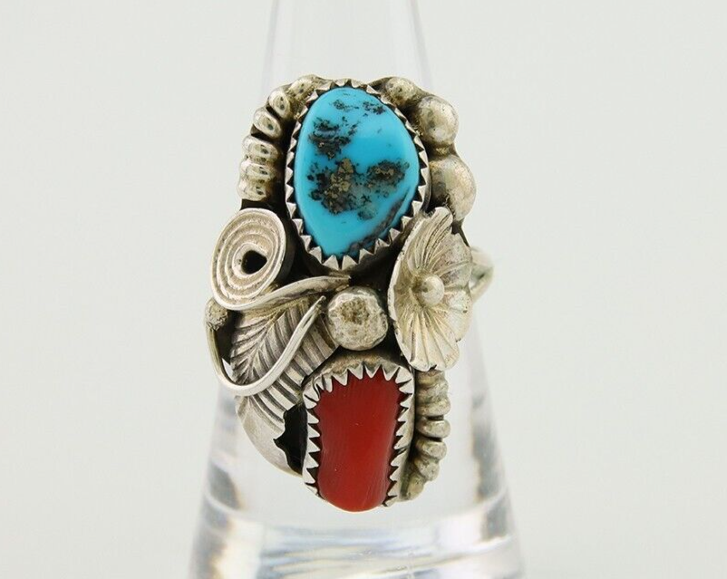 Navajo Handmade Ring 925 Silver Coral & Turquoise Signed Circle Max C.80's