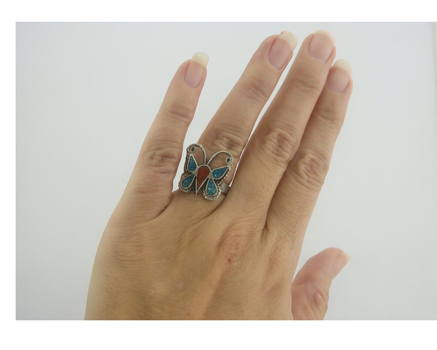 Navajo Ring 925 Silver Inlaid Butterfly Turquoise & Coral C.80's Size 5.0