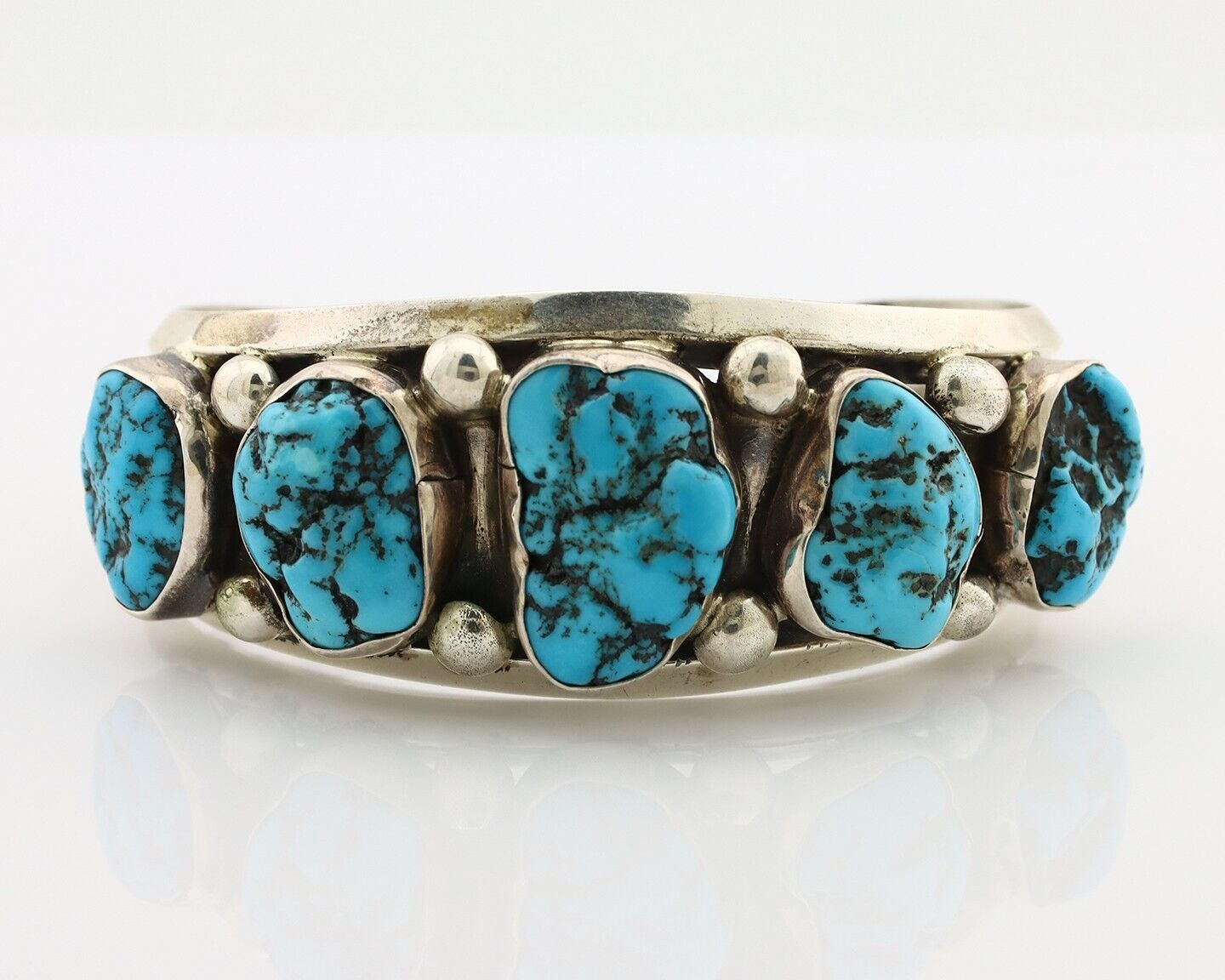 Navajo Bracelet 925 Silver Nugget Sleeping Beauty Turquoise Artist Signed JR C80