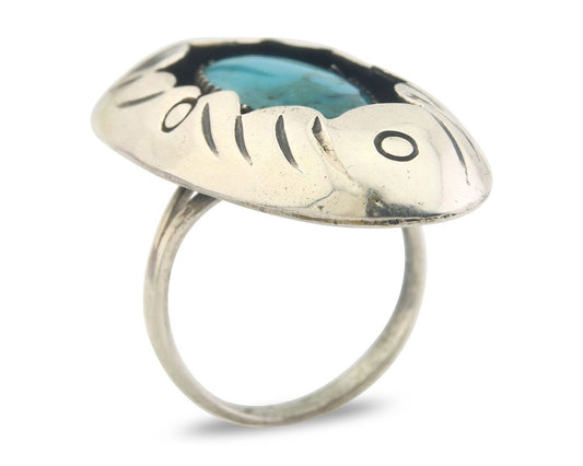 Navajo Ring 925 Sterling Turquoise Handmade Native Artist C.80's Size 7.0