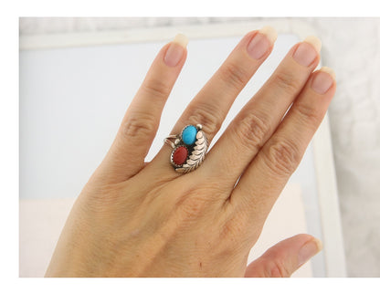 Navajo Ring 925 Sterling Natural Coral & Turquoise Signed BB C.80's Size 5.25