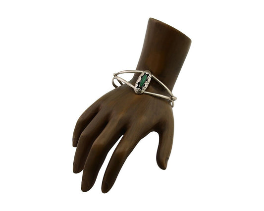 Navajo Hand Stamped Cuff Bracelet Malachite 925 Silver Artist Signed IJC C.80's