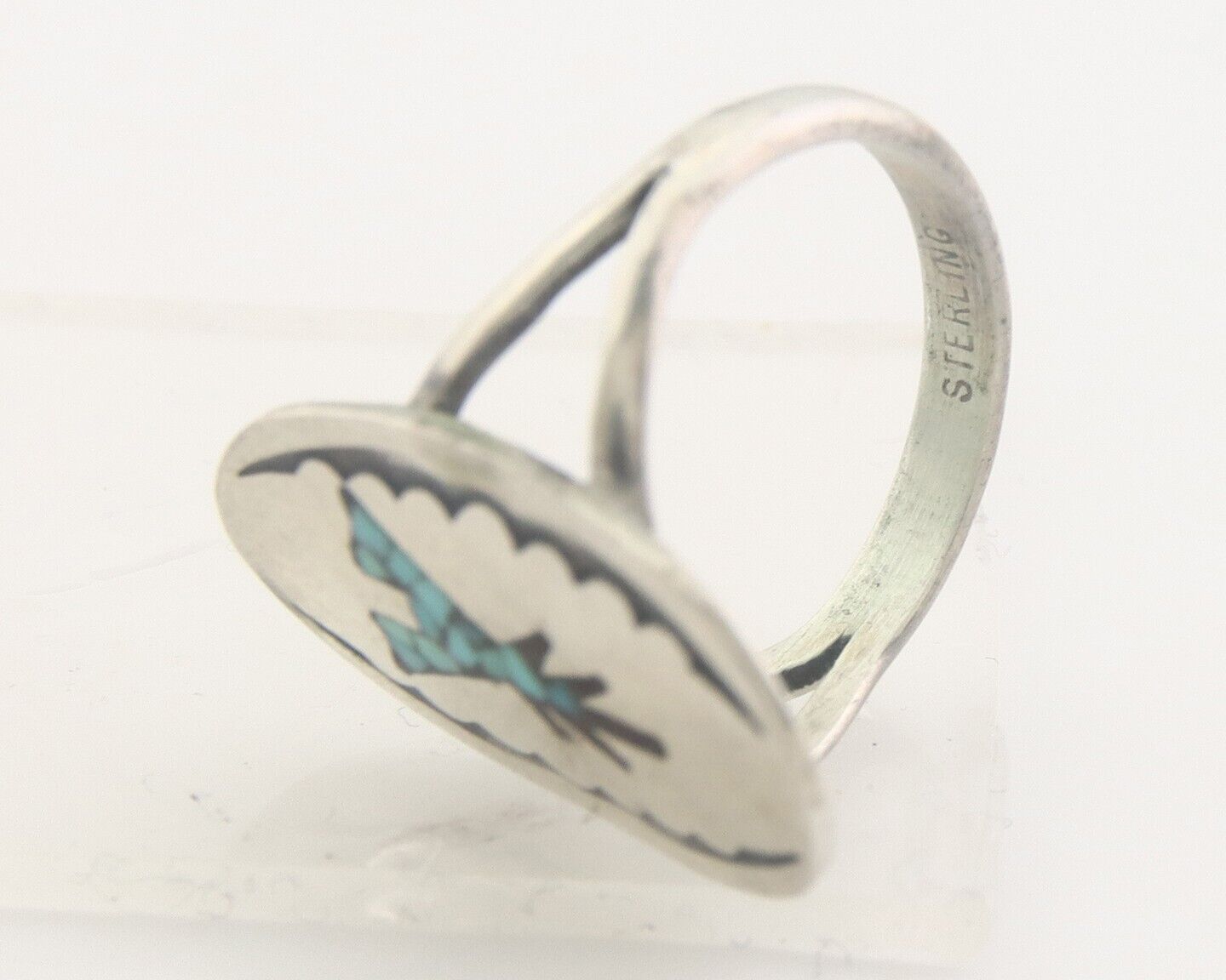 Navajo Ring 925 Sterling Natural Chip Inlay Coral & Turquoise C.80's Size 5.0
