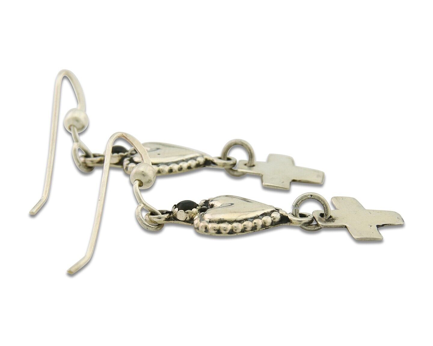 Navajo Earrings 925 Silver Heart Cross Natural Onyx Native American Artist C.80s