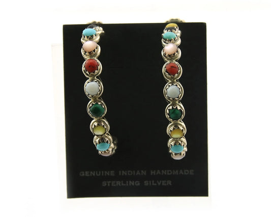 Navajo Hoop Earrings Sterling Silver Natural Gemstones Vintage Signed MCA