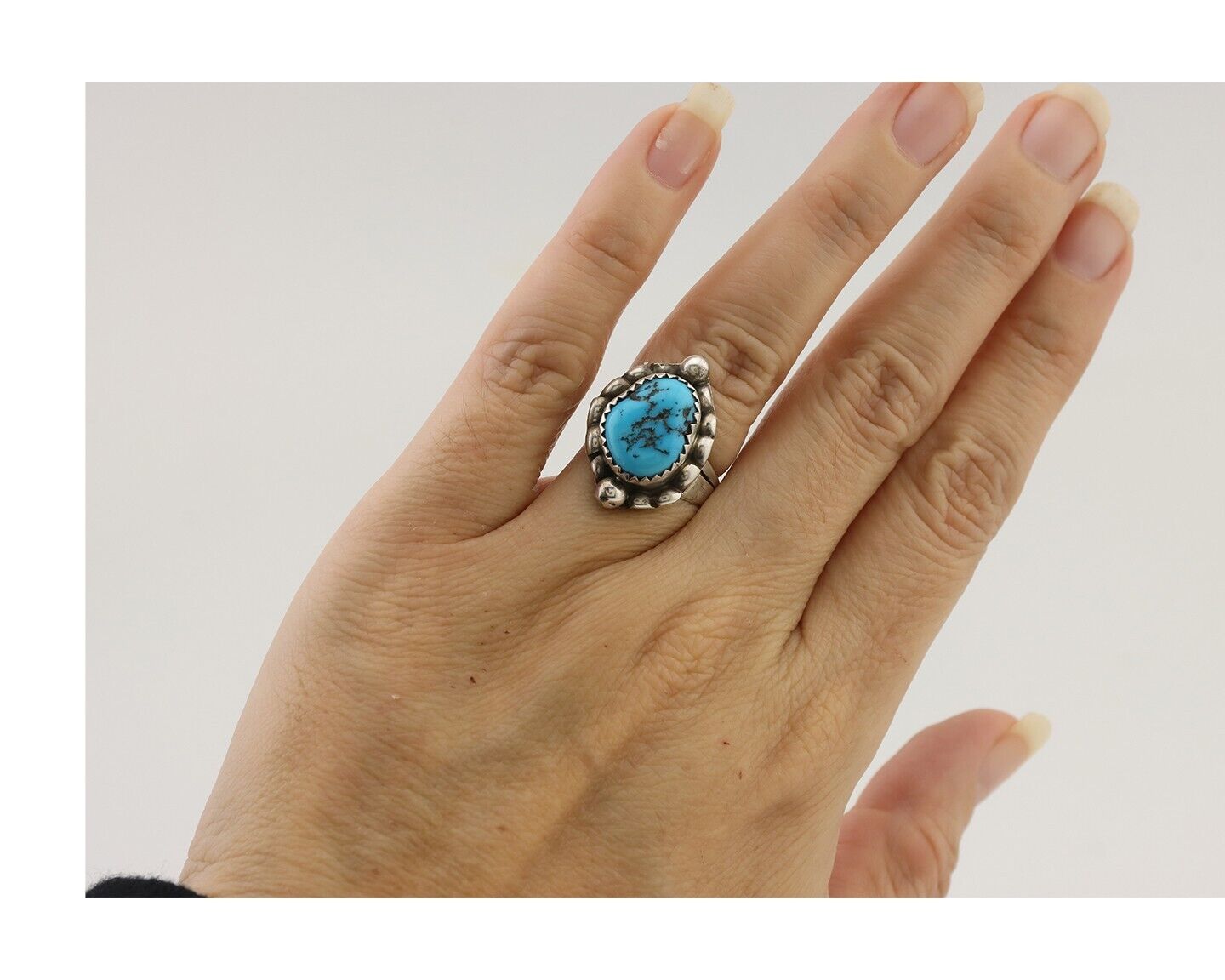 Navajo Ring 925 Silver Sleeping Beauty Turquoise Artist Signed SC C.80's