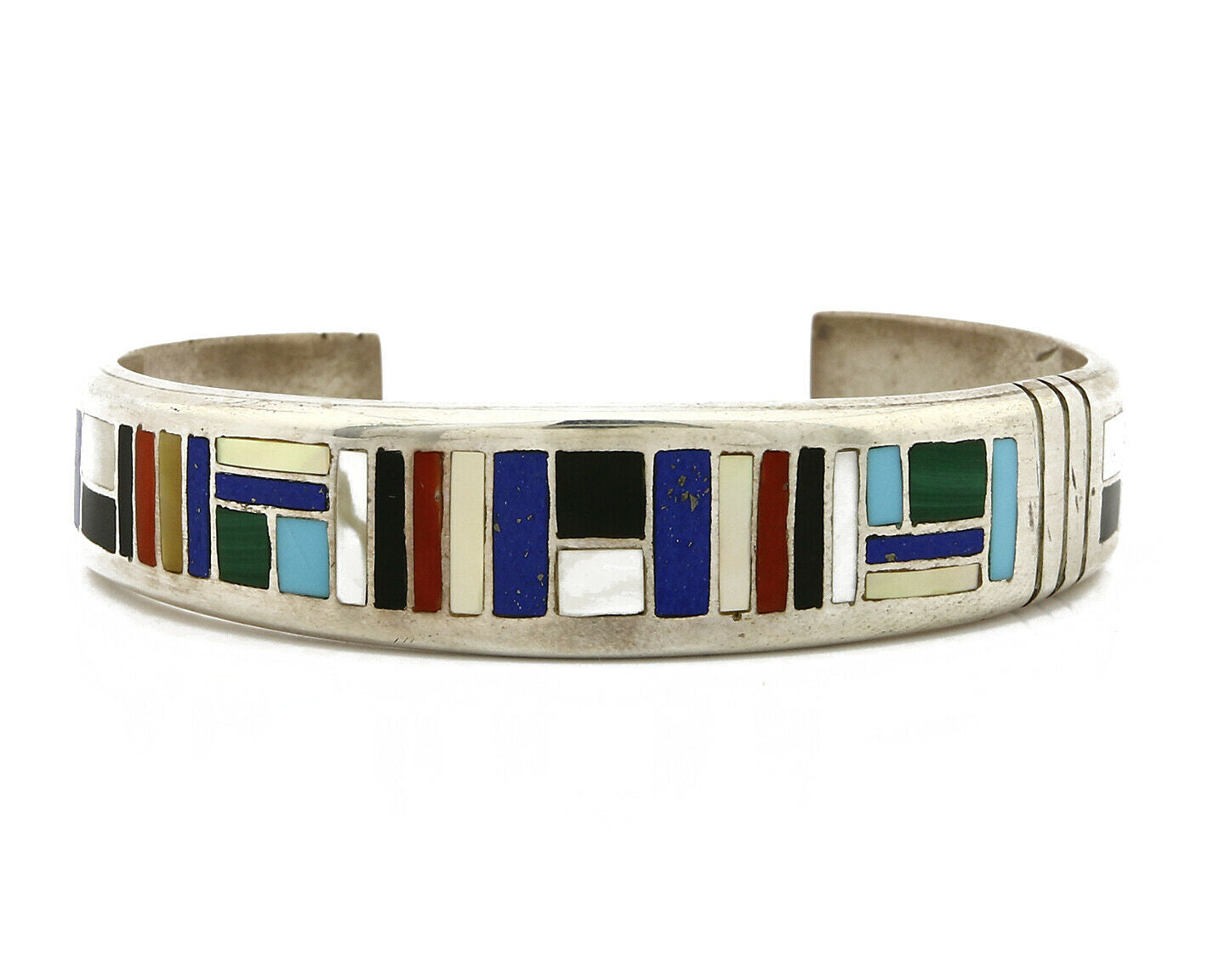 Early Artist David Freeland Inlaid Natural Gemstone .925 SOLID Silver Cuff