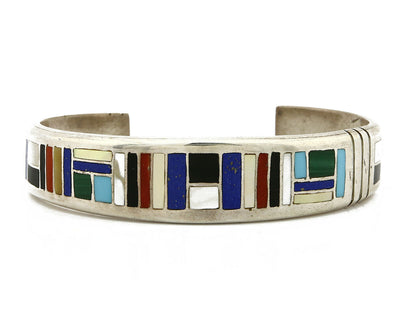 Early Artist David Freeland Inlaid Natural Gemstone .925 SOLID Silver Cuff