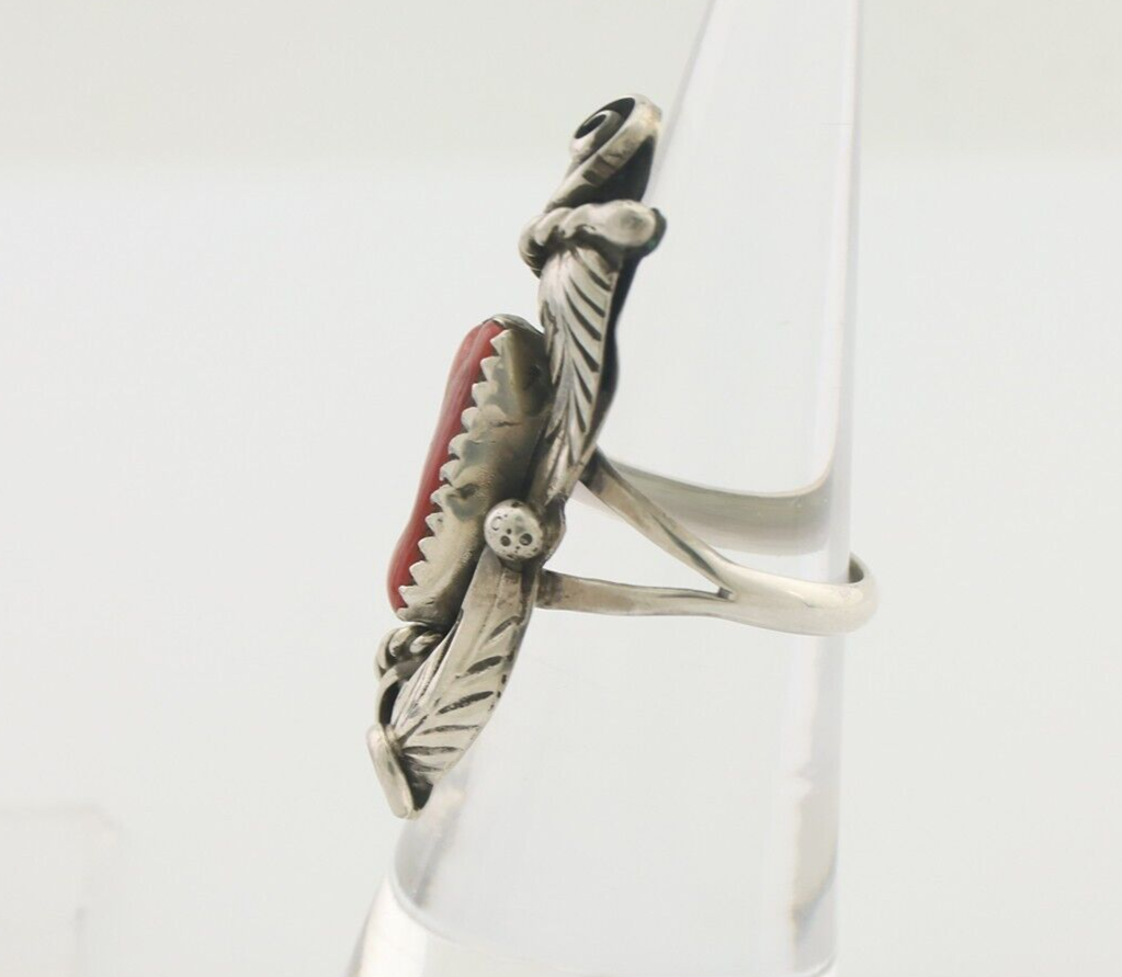 Navajo Handmade Ring 925 Silver Natural Mediterranean Coral Signed Duffy C.80's