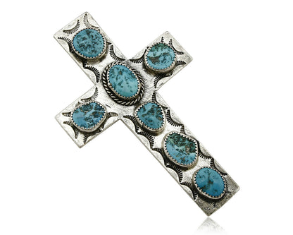 Navajo Cross Pendant .925 Silver Kingman Turquoise Artist C-E Circa 80's