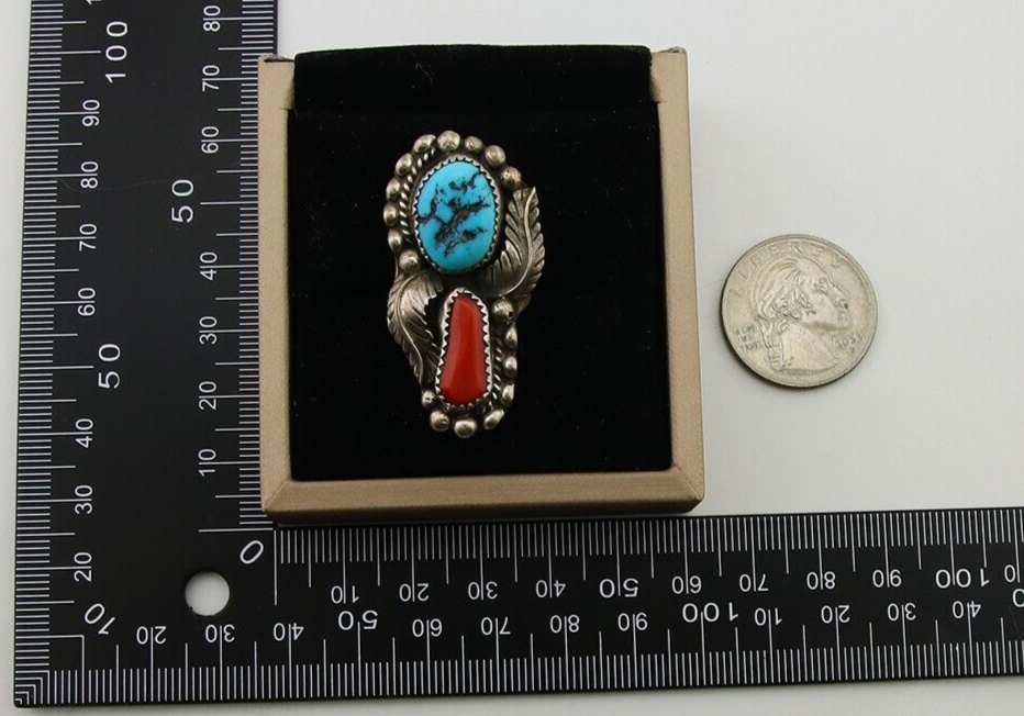 Navajo Ring 925 Sterling Silver Natural Coral & Turquoise Signed SC C.80's