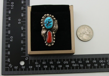Navajo Ring 925 Sterling Silver Natural Coral & Turquoise Signed SC C.80's