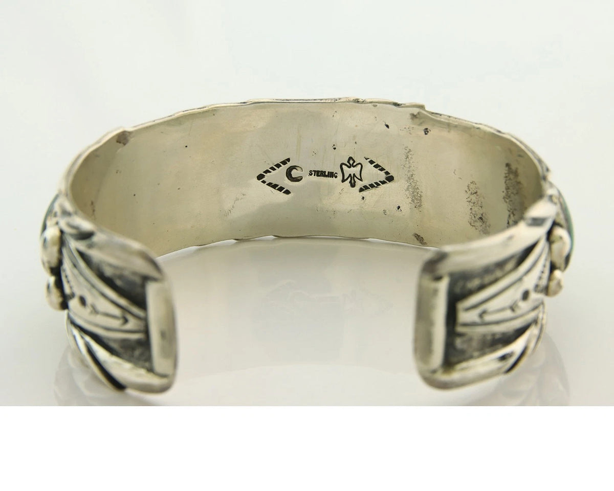 Men Navajo Cuff Bracelet Sterling Silver Malachite Vintage Signed C Montoya