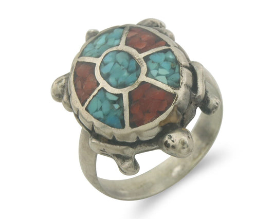 Navajo Ring 925 Silver Inlaid Turtle Turquoise & Coral C.80's Size 8.25