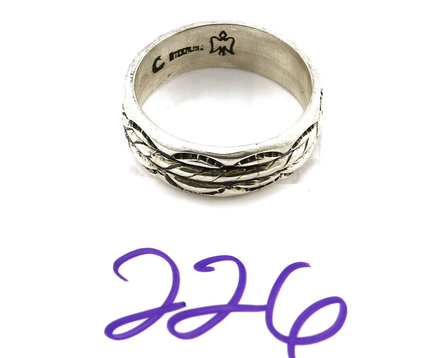 Navajo Ring .925 Silver Handmade Hand Stamped 3 Row Rope Band C.1980's Size 14.5