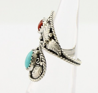 Navajo Adjustable Ring 925 Silver Turquiose & Coral Signed Broken Arrow C.80's