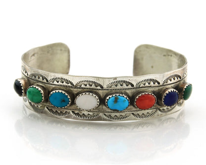 Navajo Cuff Bracelet Sterling Silver Natural Gemstone Vintage Signed LB