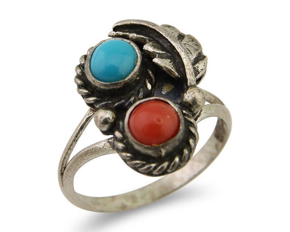 Navajo Handmade Ring 925 Silver Coral & Turquoise Native Artist C.80's