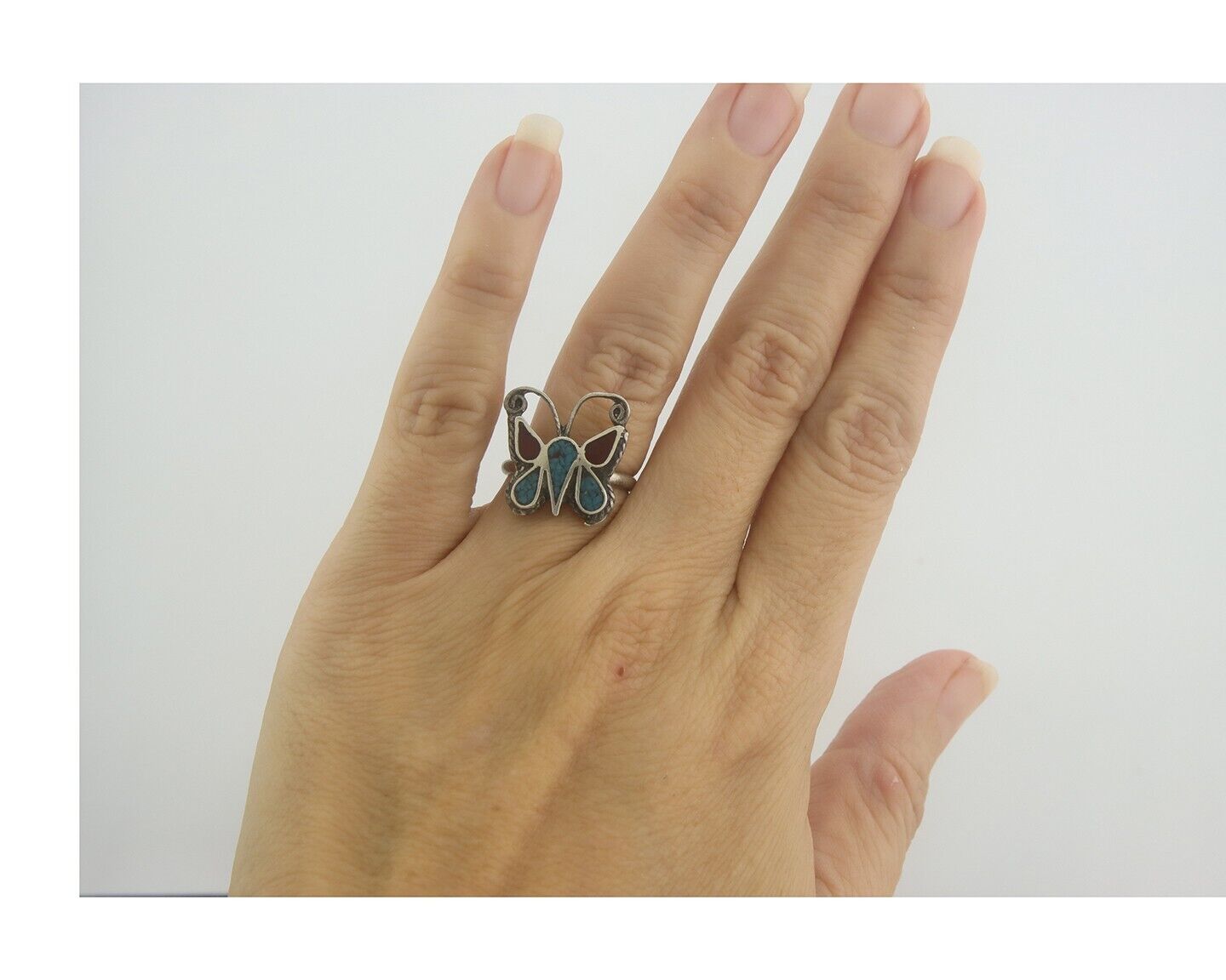 Navajo Ring 925 Silver Inlaid Butterfly Turquoise & Coral C.80's Size 5.5
