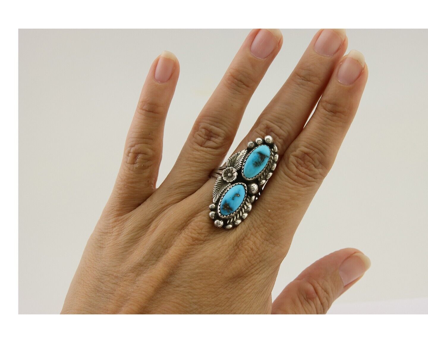 Navajo Ring 925 Silver Natural Blue Turquoise Native Artist Signed SC C.80's