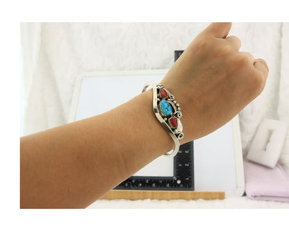 Navajo Cuff Bracelet Sterling Silver Natural Coral Turquoise Sign Justin Morris
