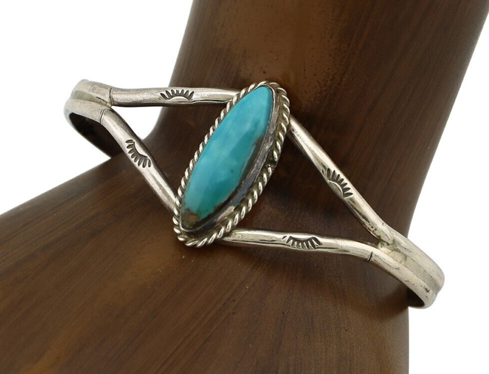 Navajo Bracelet 925 Silver Natural Blue Turquoise Artist Signed LB C.80's