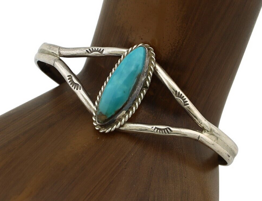 Navajo Bracelet 925 Silver Natural Blue Turquoise Artist Signed LB C.80's