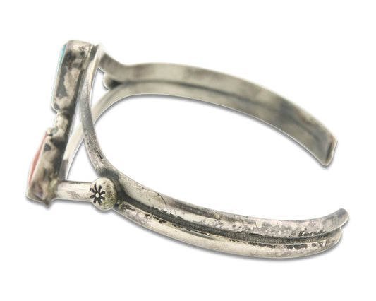 Vintage Navajo Bracelet 925 Silver Red Coral Turquoise Authentic