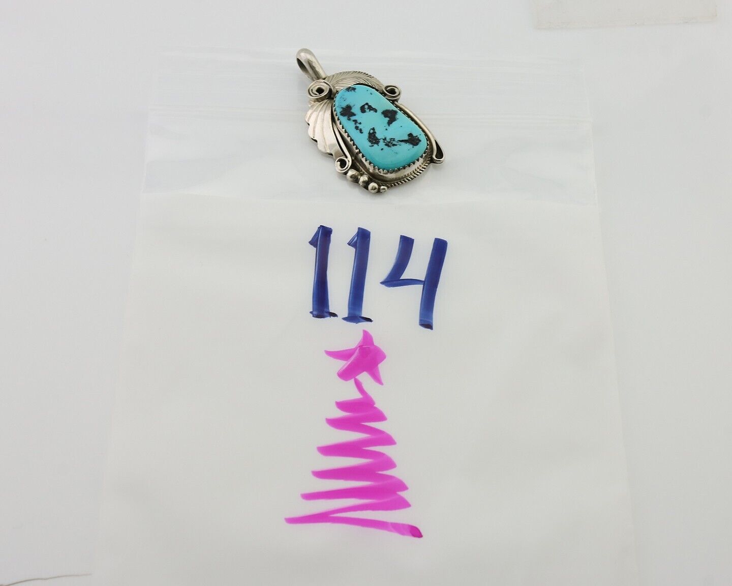 Navajo Pendant 925 Silver Sleeping B Turquoise Signed Justin Morris C.80's