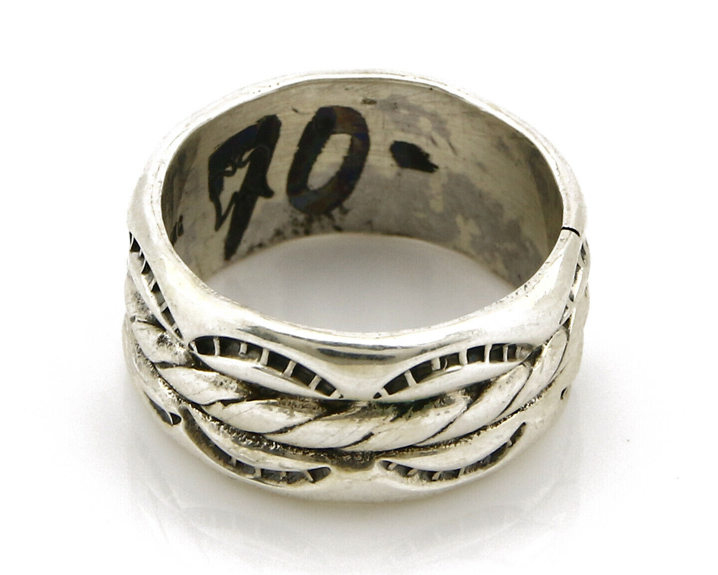 Navajo Ring .925 Silver Handmade Hand Stamped 3 Row Rope Band C.1980's Size 6.75