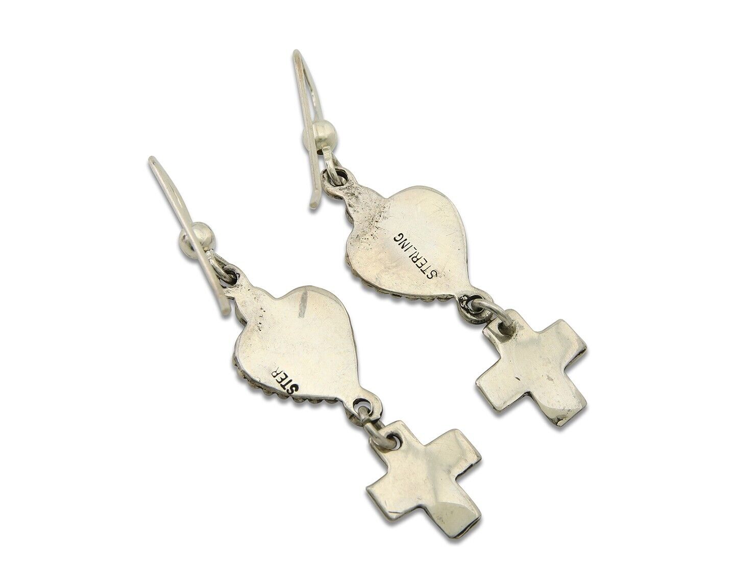 Navajo Earrings 925 Silver Heart Cross Natural Onyx Native American Artist C.80s