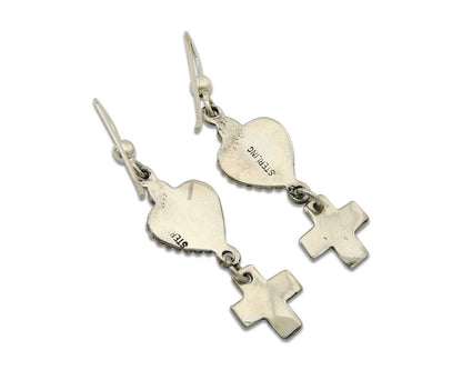 Navajo Earrings 925 Silver Heart Cross Natural Onyx Native American Artist C.80s