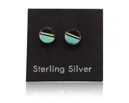 Navajo Earrings 925 Silver Inlaid Natural Onyx & Turquoise Native American C.80s