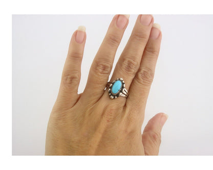 Navajo Ring 925 Sterling Natural Turquoise Native Artist C.80's Size 7.5