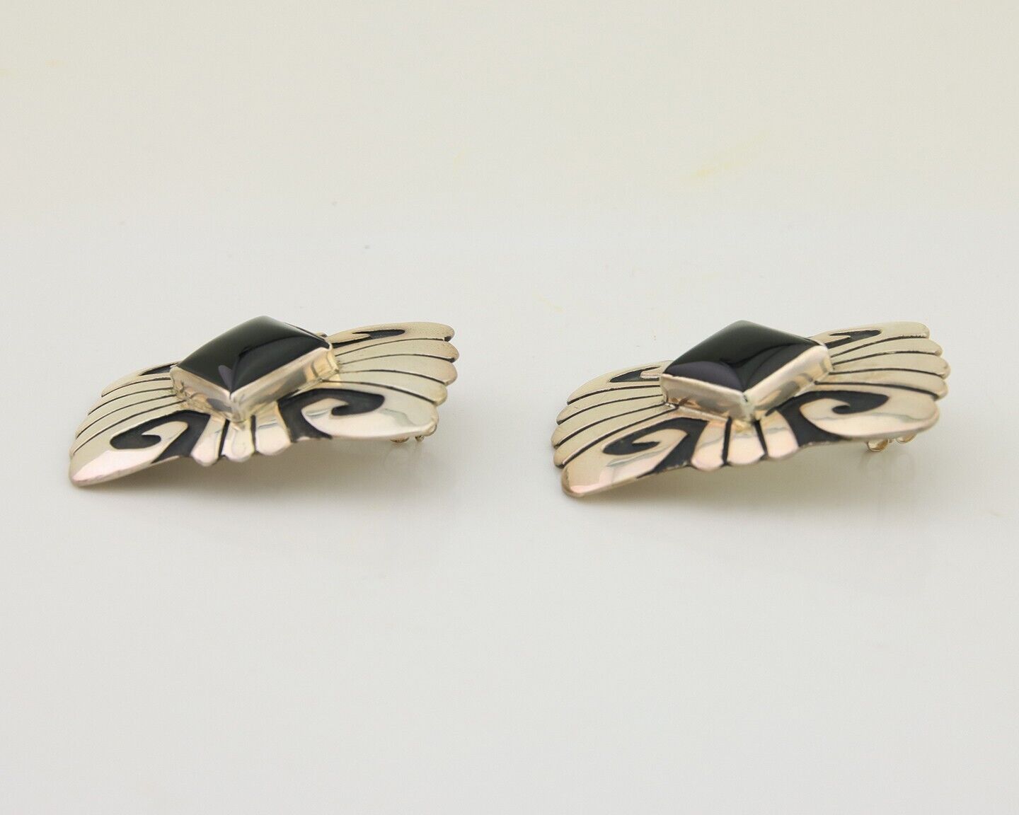 Navajo Handmade Earrings 925 Silver Onyx Artist Signed Thomas Singer C.70's