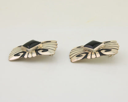 Navajo Handmade Earrings 925 Silver Onyx Artist Signed Thomas Singer C.70's