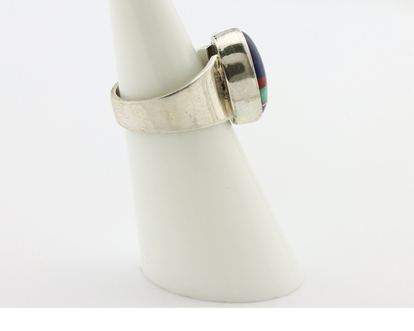 Zuni Inlaid Ring 925 Silver Mixed Natural Gemstones Native American Artist C.80s