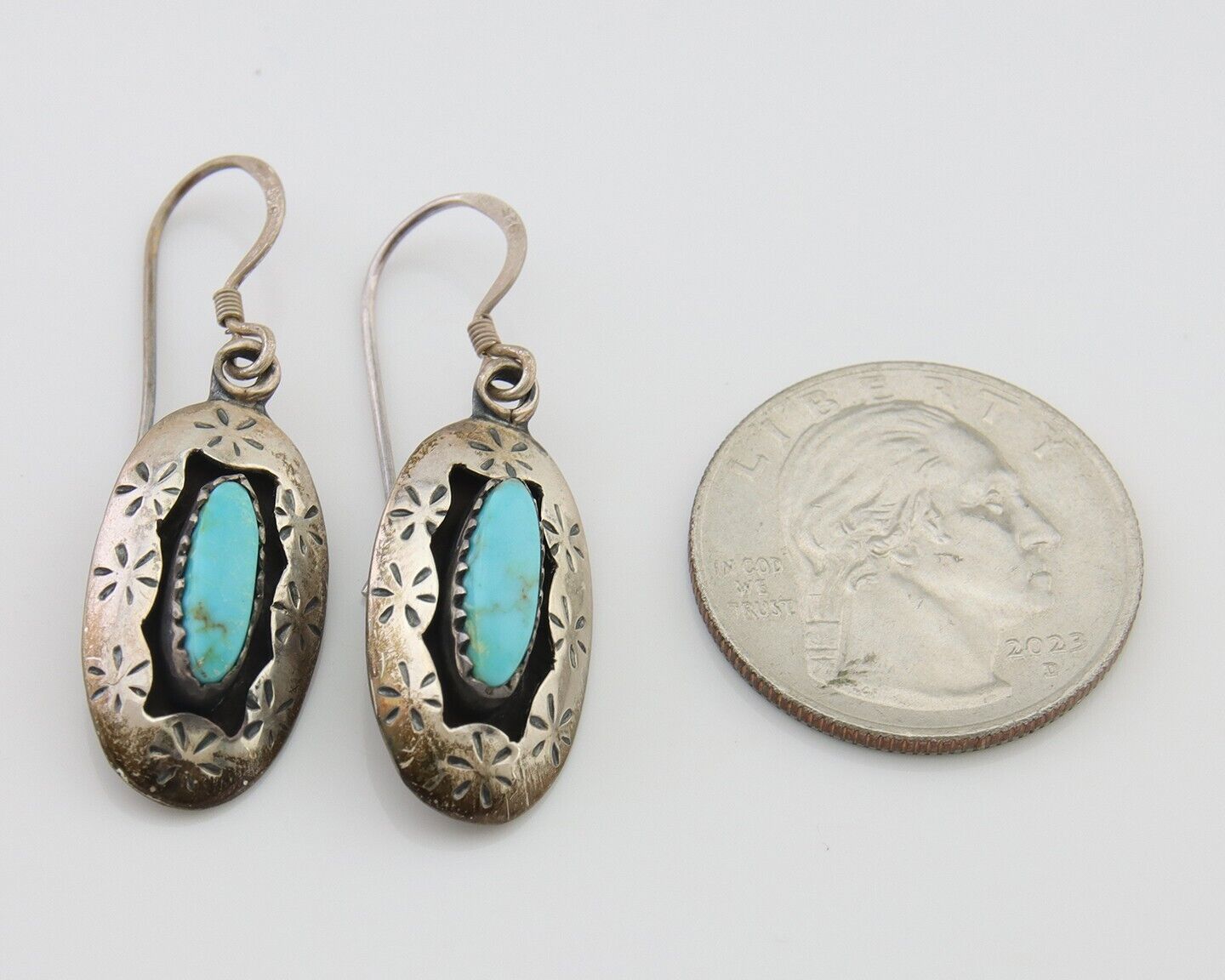 Navajo Dangle Earrings 925 Silver Natural Turquoise Artist Signed IJC C.80's