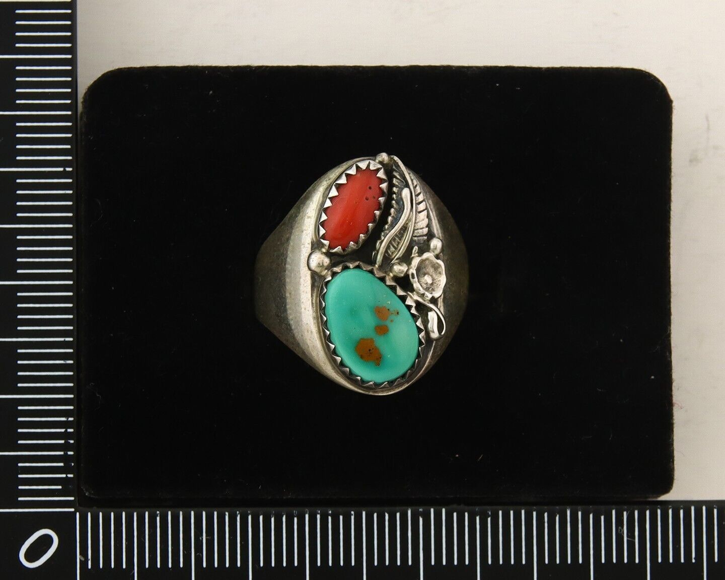 Navajo Ring 925 Sterling Turquoise & Coral Native Artist C.80's Size 6.5